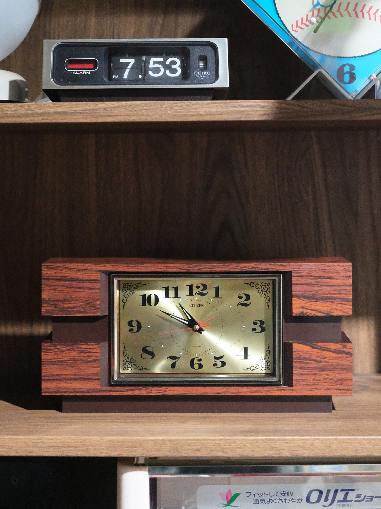 日本制 Citizen 星辰 長型 木紋 手動 機械 上鏈式 鬧鐘 時鐘