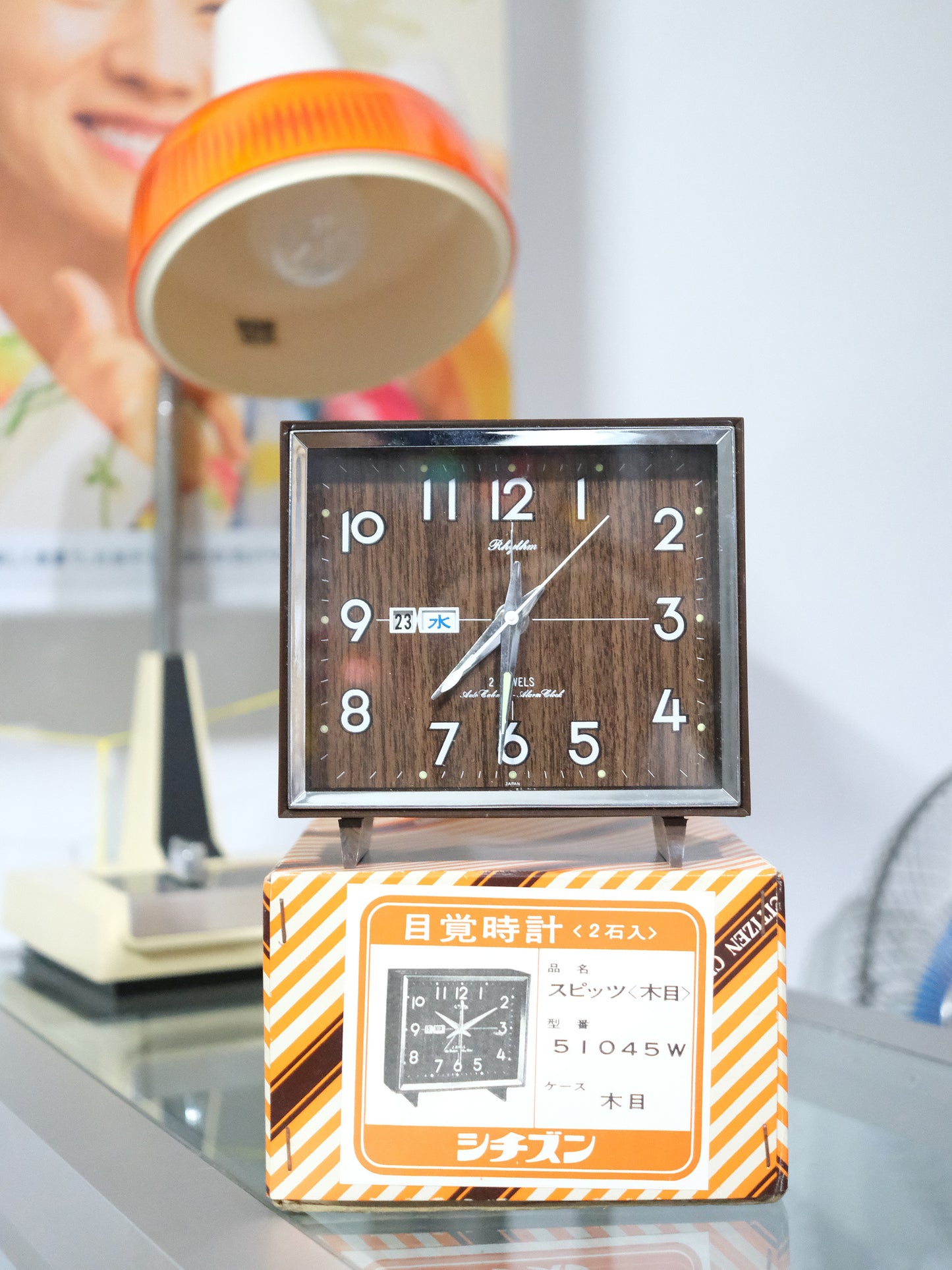 日本制 70's Citizen 星辰 木紋 手動 上鏈式 日暦 鬧鐘 時鐘 Alarm Clock