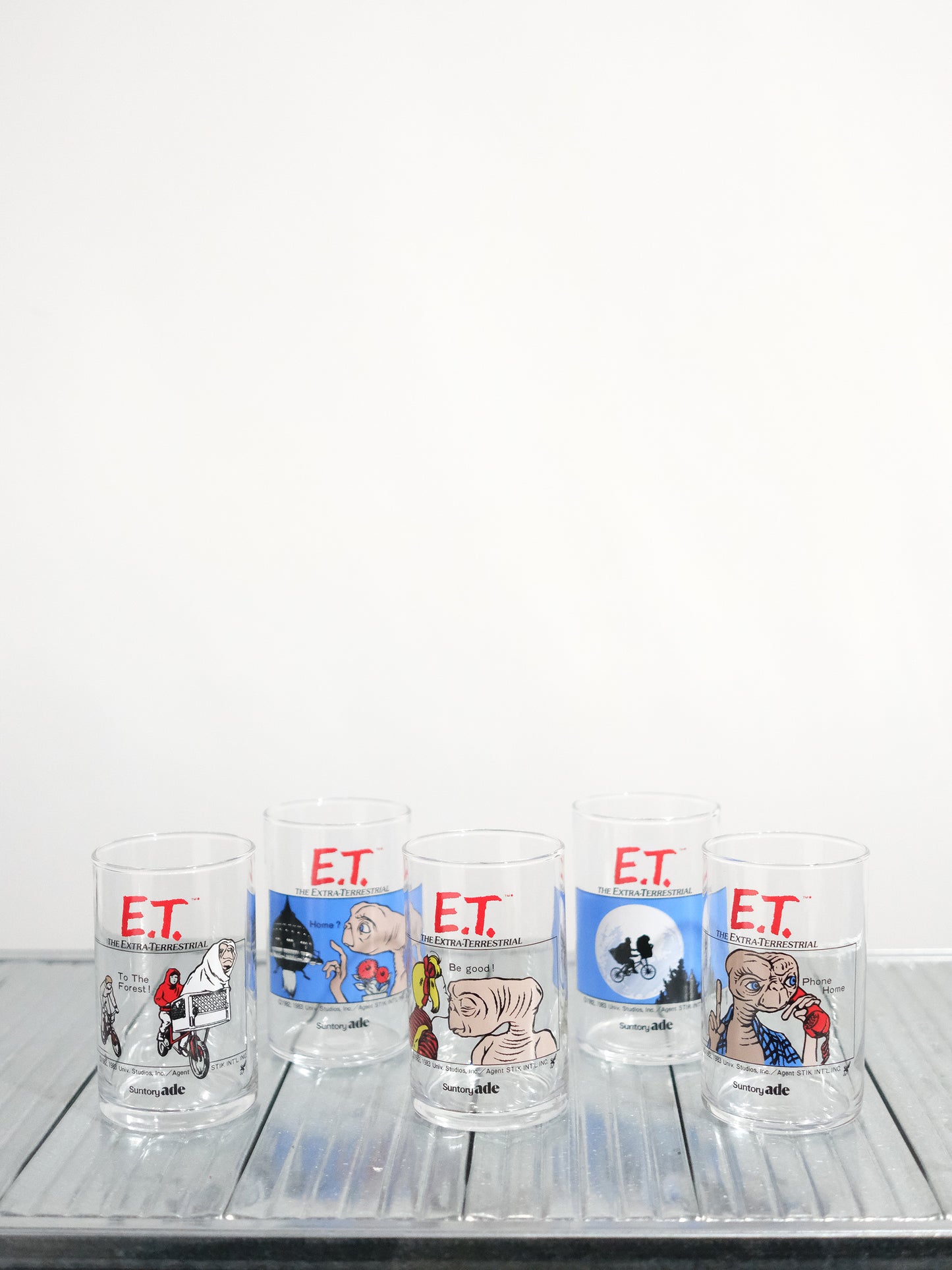 日本制 80's Suntory E.T. 外星人 電影插圖 玻璃水杯 五個套裝 全新品