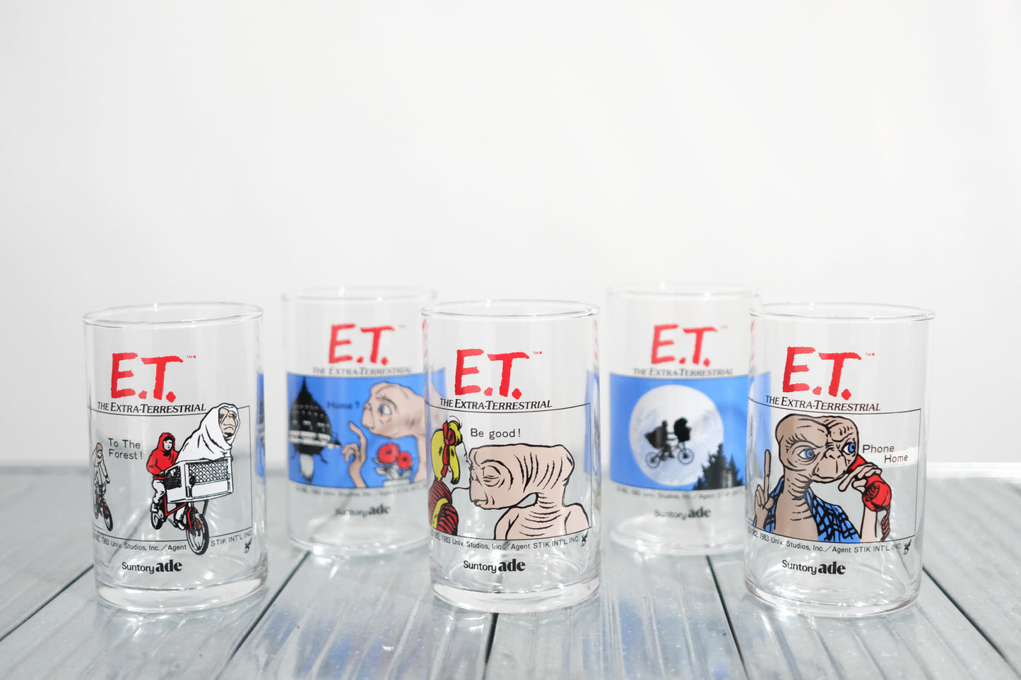 日本制 80's Suntory E.T. 外星人 電影插圖 玻璃水杯 五個套裝 全新品