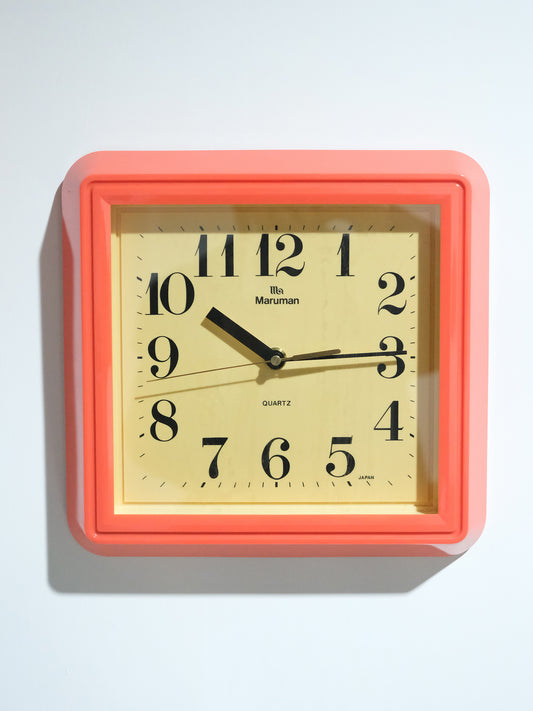 日本制 昭和 80s Maruman Quartz 掛牆 橙色 石英鐘 Clock